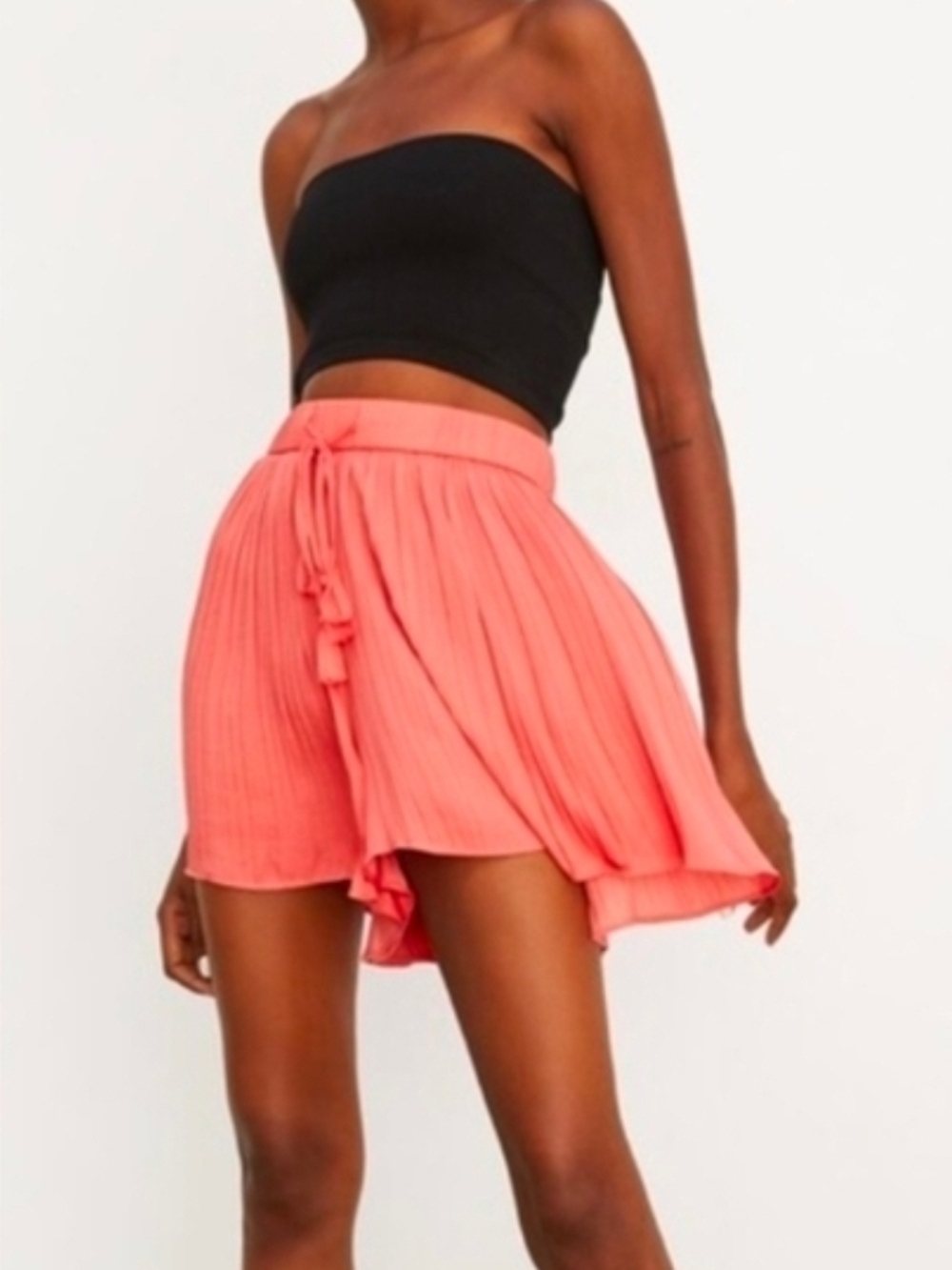 Zara Women’s Coral Pink Plisse Pleated Shorts Flowy Drawstring Waist S